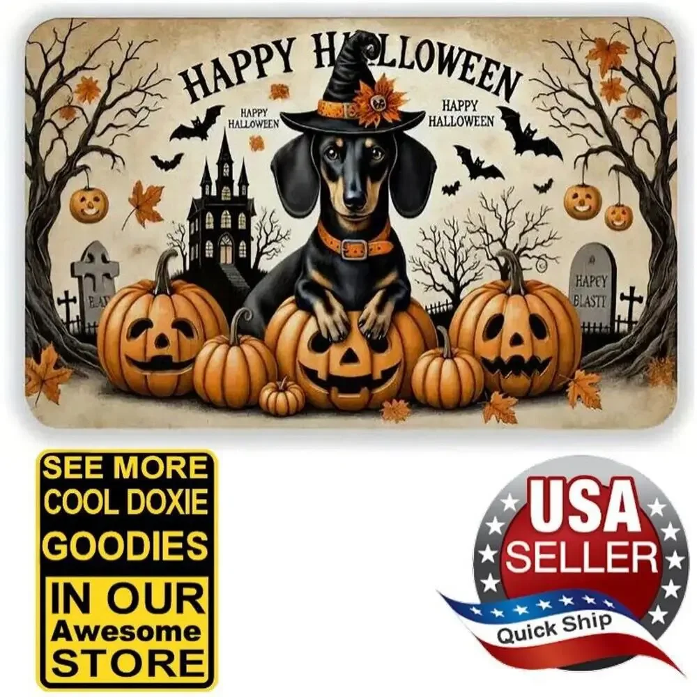 Cemetery Gravestones •Dachshund Halloween Witch Rug Mat • Bats • Jack-O-Lanterns